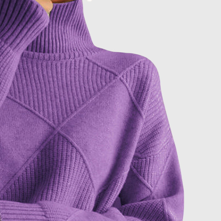Elegant women's diagonal seam roll neck sweater, a winter knit essential for stylish warmth.