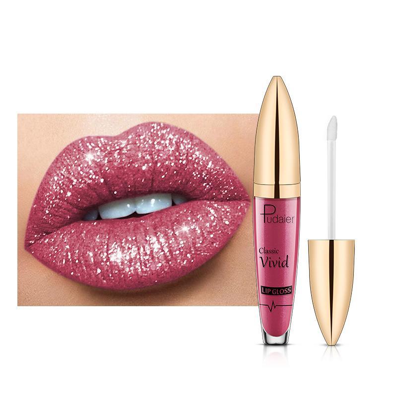 Close-up of Diamond Sparkle Lip Gloss applicator, vivid shimmer for women's beauty, long-lasting makeup