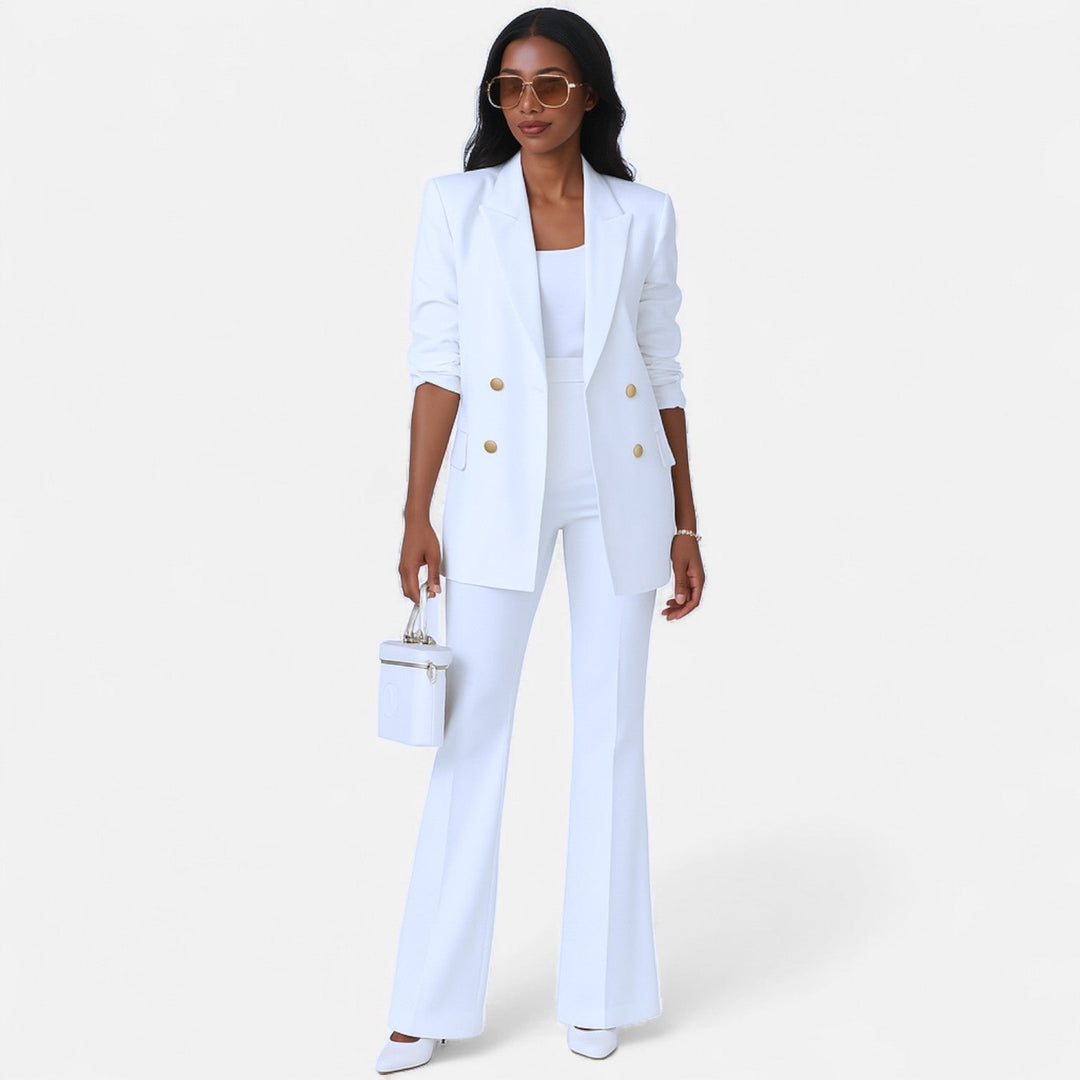 Women's double-breasted blazer & pants set in light blue, perfect for professional spring fashion