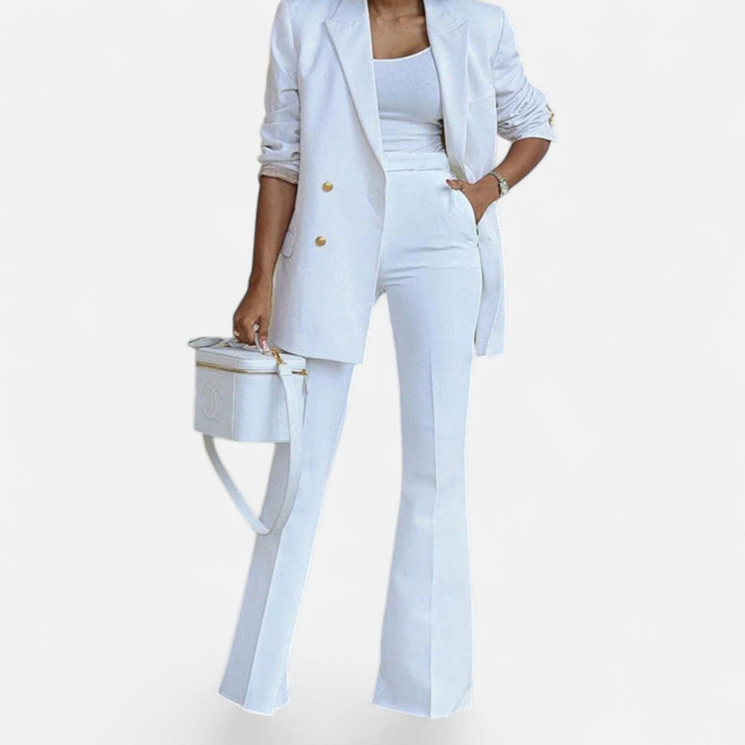 Tailored double-breasted blazer and matching pants set for women, ideal for a chic summer outfit