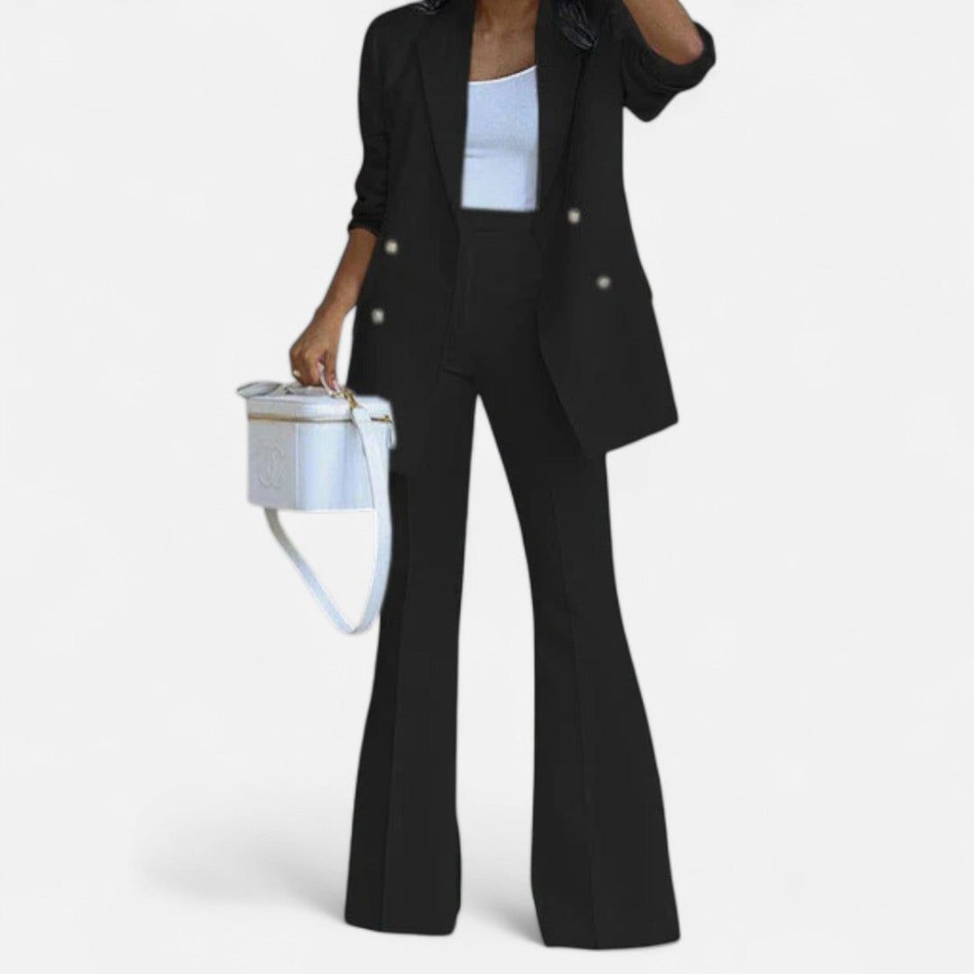 Full view of a women's double-breasted blazer & pants set, showcasing its elegant tailored fit