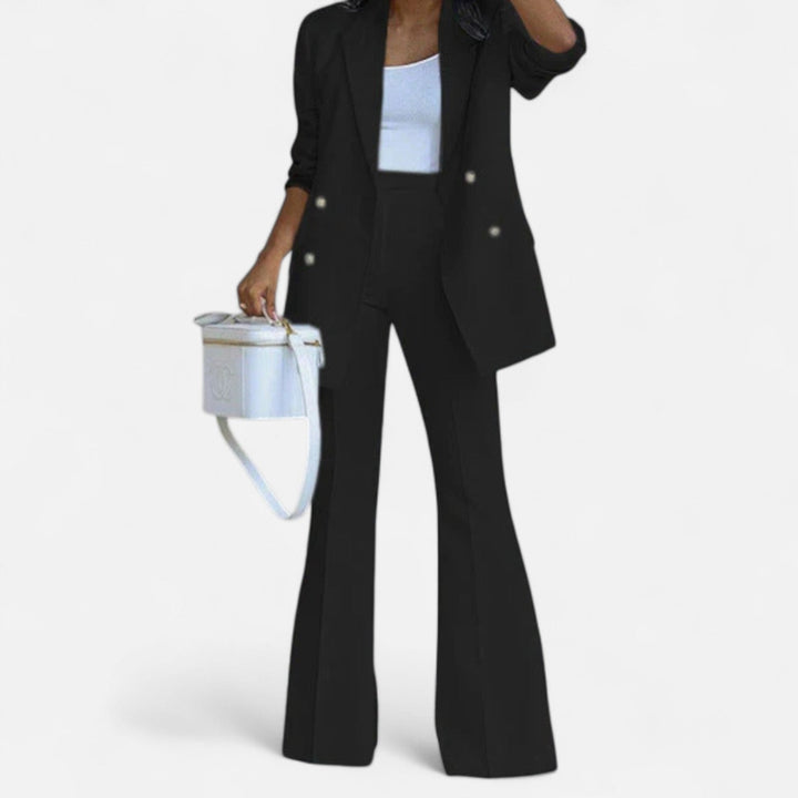 Full view of a women's double-breasted blazer & pants set, showcasing its elegant tailored fit