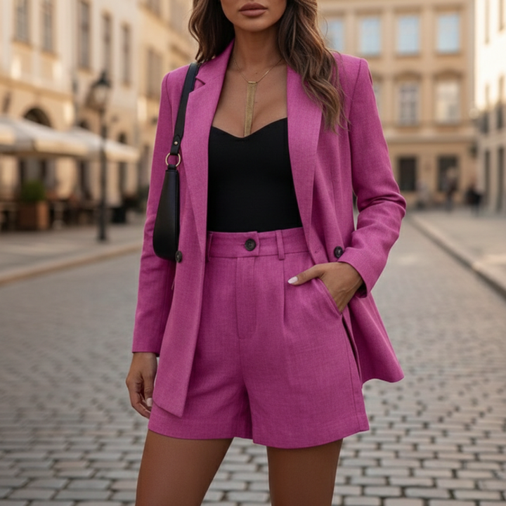 High-quality women's double-breasted blazer & shorts suit set, offering a sharp, modern, and elegant look.