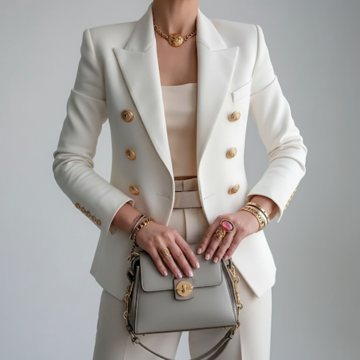 Women's double-breasted blazer with long sleeves, notch lapel & elegant gold buttons. Perfect for professional office wear.