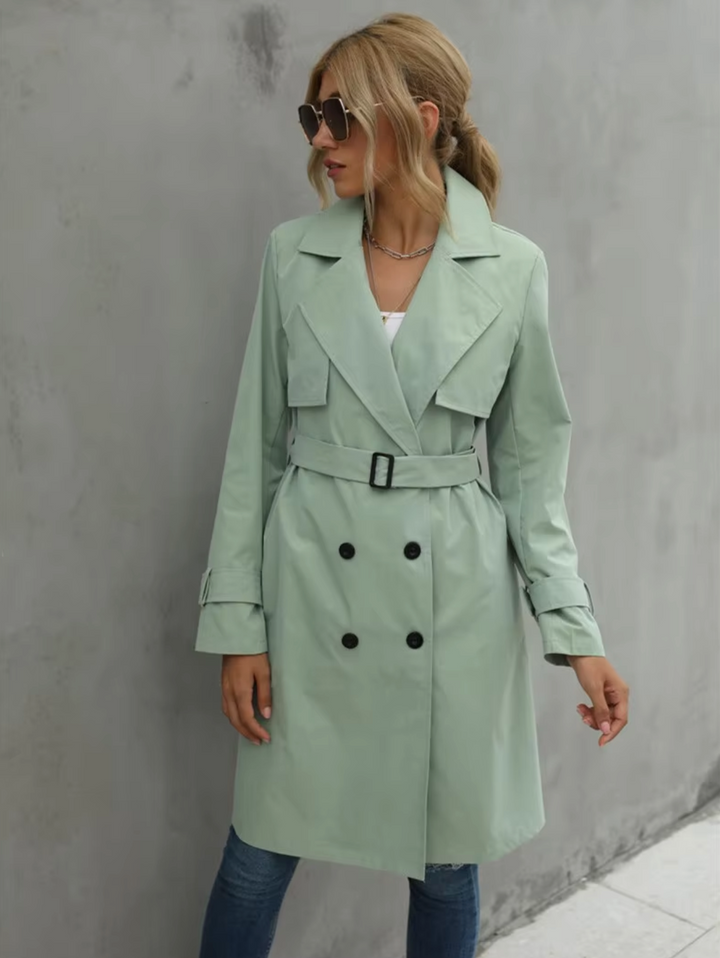 All-season women's outerwear: khaki double-breasted trench coat with belt for an elegant look