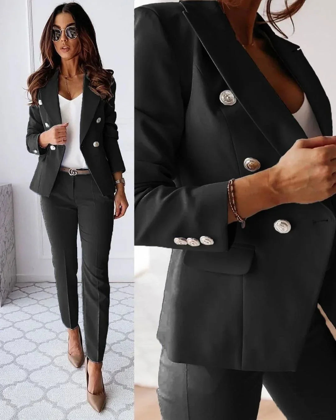 Women's double-breasted suit set, tailored blazer & trousers, ideal for office wear.