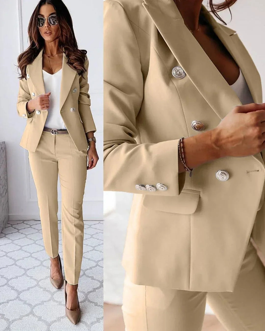 Elegant women's double-breasted tailored suit with chic blazer & trousers for modern professional.