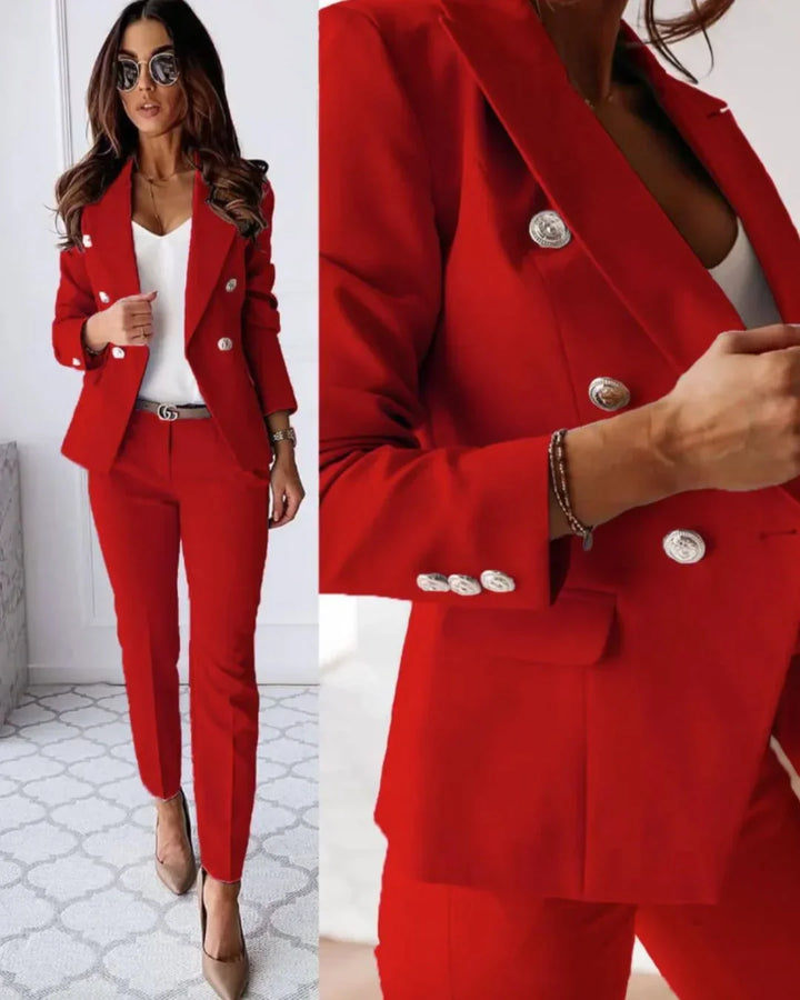 Professional women's business suit, double-breasted blazer and tailored trousers for workwear.