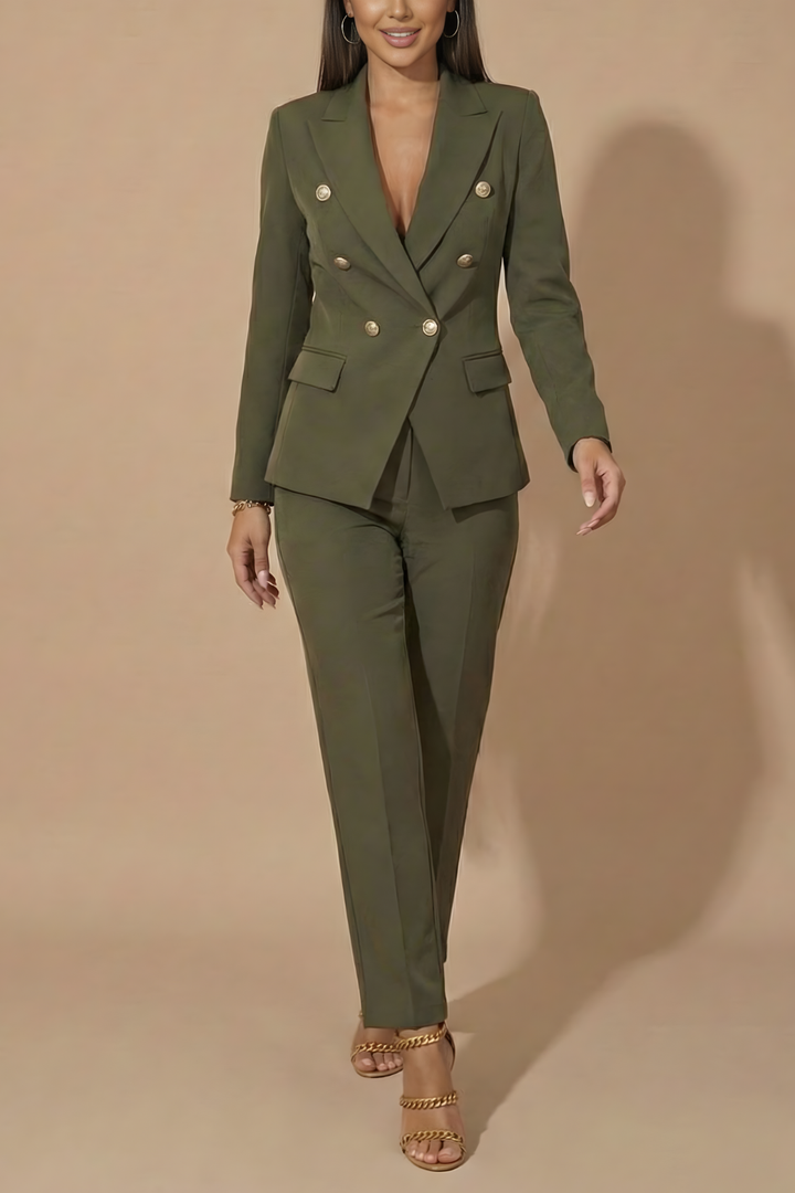 Sophisticated women's formal suit. Double-breasted blazer and tailored trousers for a polished look.