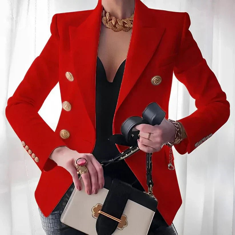 Stylish women's double-breasted blazer, gold buttons, perfect for office, formal events, or a chic statement.