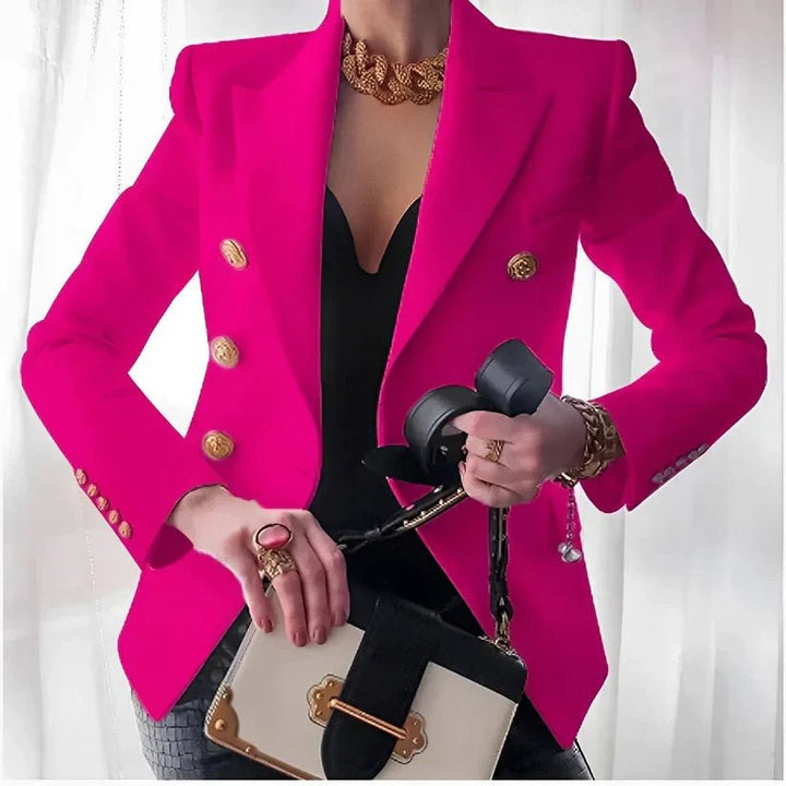 Women's double-breasted tailored blazer, professional office wear with distinctive gold buttons. Elegant style.