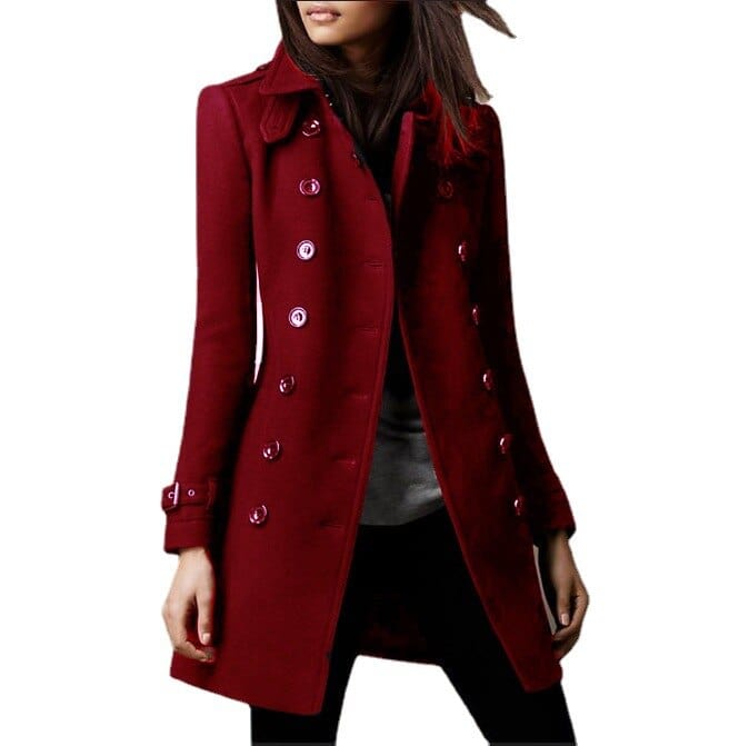Warm women's tailored double-breasted long coat. Structured collar, perfect for chic autumn & winter outerwear.