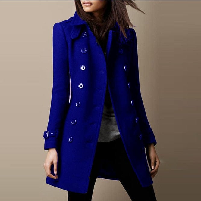 Classic women's double-breasted long trench coat with a structured collar, offering elegant, professional style.
