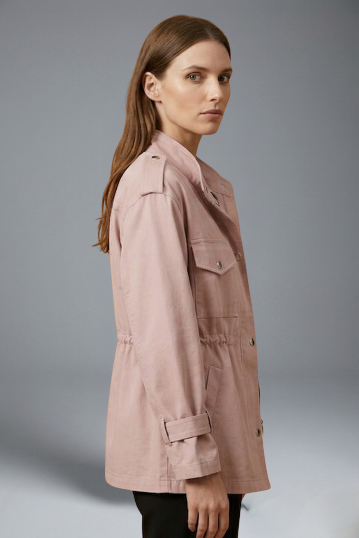 Chic women's utility jacket, double-breasted, belted, perfect versatile outerwear for autumn/spring fashion.
