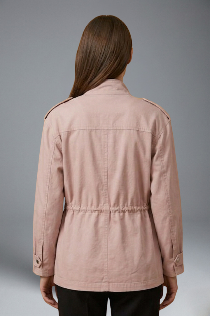 Modern women's belted utility jacket, double-breasted design, a versatile piece of autumn outerwear.