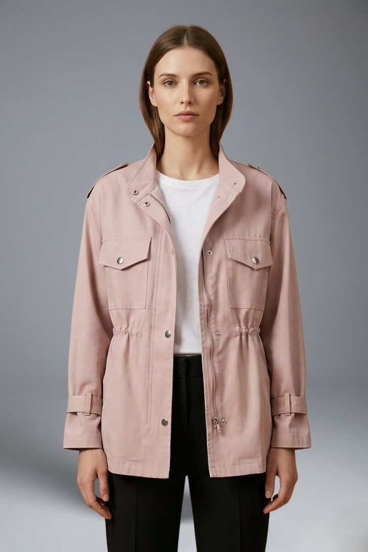 Stylish women's double-breasted utility jacket with a flattering belt, ideal for chic spring fashion.