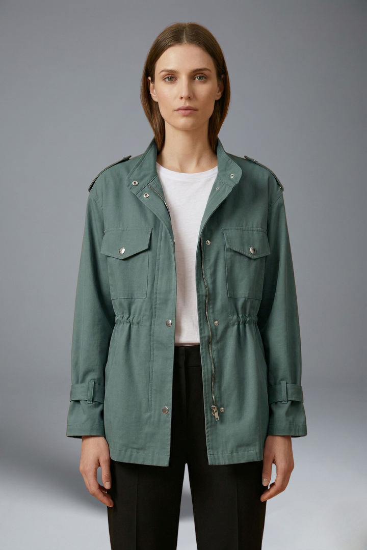 Elegant women's double-breasted utility jacket with a chic belt, tailored for spring and autumn fashion.