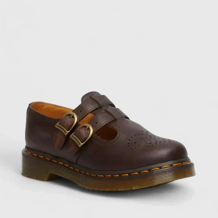 Stylish women's double buckle Mary Jane flats, perfect for an edgy, grunge-inspired look.