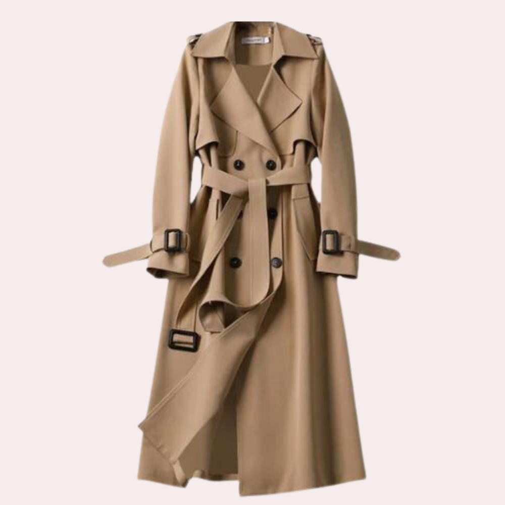 Elegant women's double button long coat, tailored for formal wear, business attire, or chic casual fall fashion.
