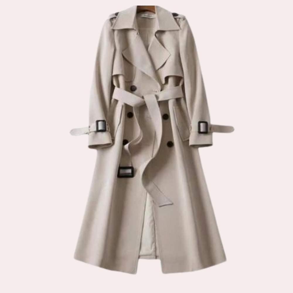 Warm women's winter long coat, tailored fit with double buttons. Stylish and versatile outerwear for fall & cold weather.