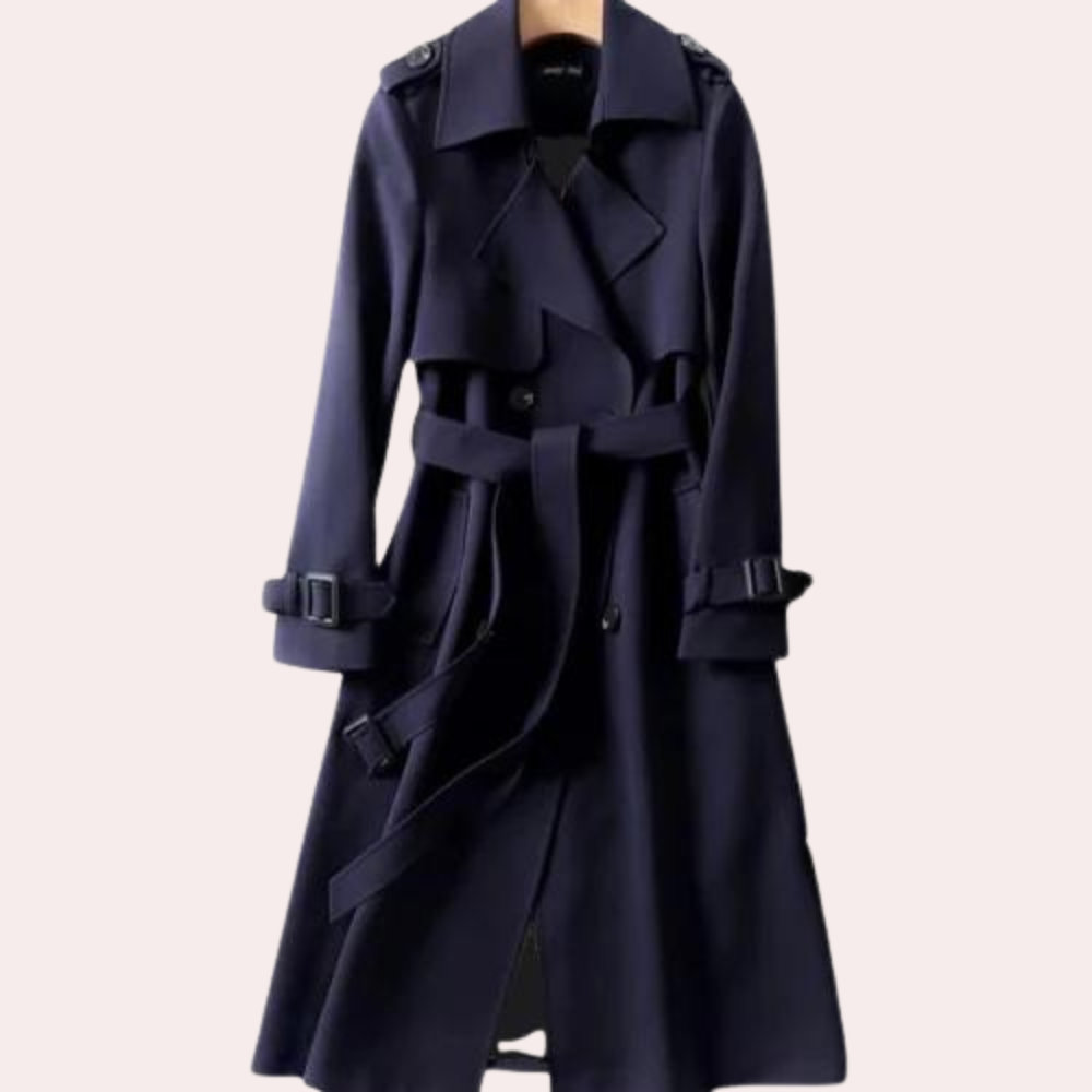 Classic double button tailored long coat for women, elegant design. Versatile fall outerwear for a refined business look.