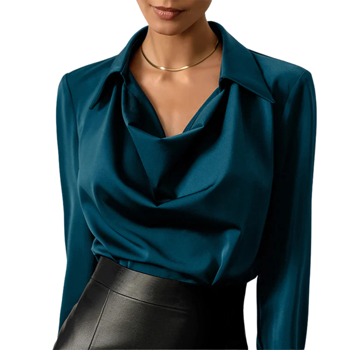 Women's drape neck long sleeve satin blouse in elegant red, perfect for formal wear.