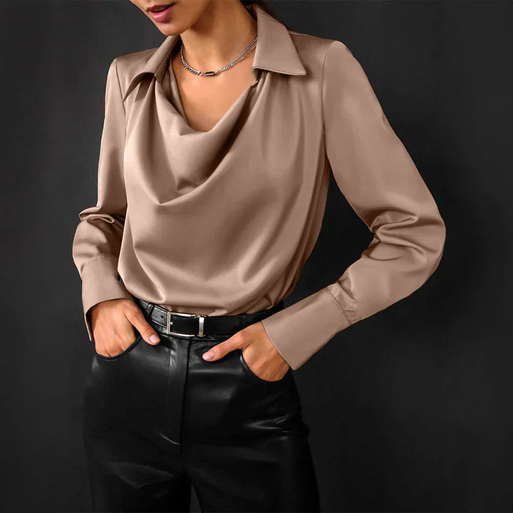 Casual chic black satin blouse with long sleeves and a sophisticated drape neck for versatile fashion.