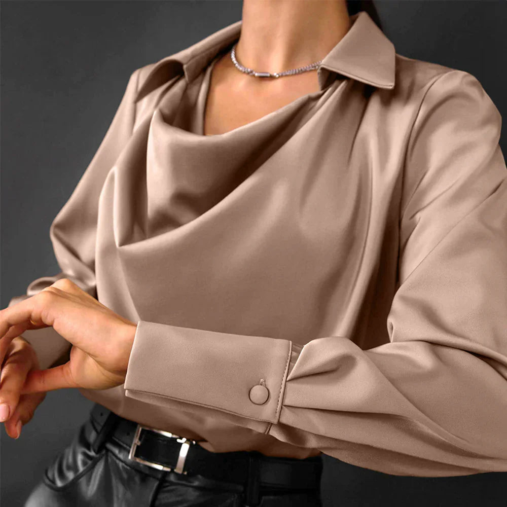 Soft pink silk-feel satin blouse, women's long sleeve top with an elegant drape neckline.