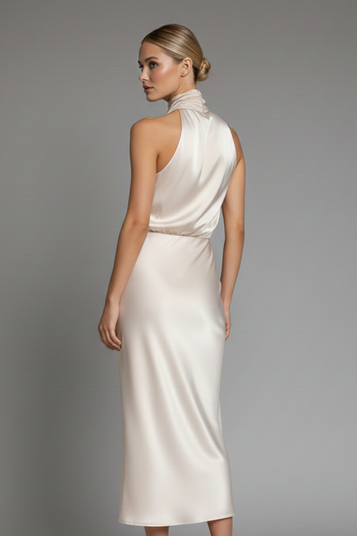 Chic women's draped high neck sleeveless maxi dress, a stylish choice for any party.