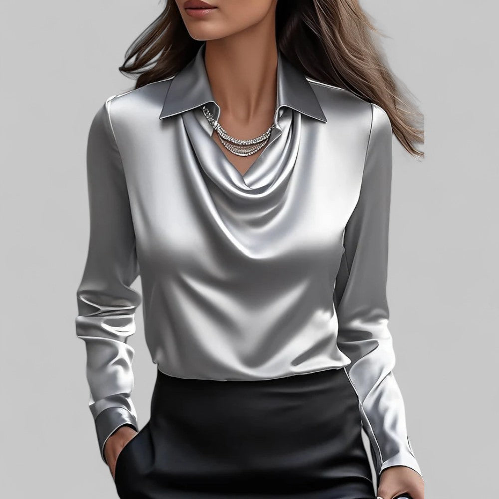 Stylish women's satin blouse with draped neckline, long sleeves, perfect for elegant casual wear