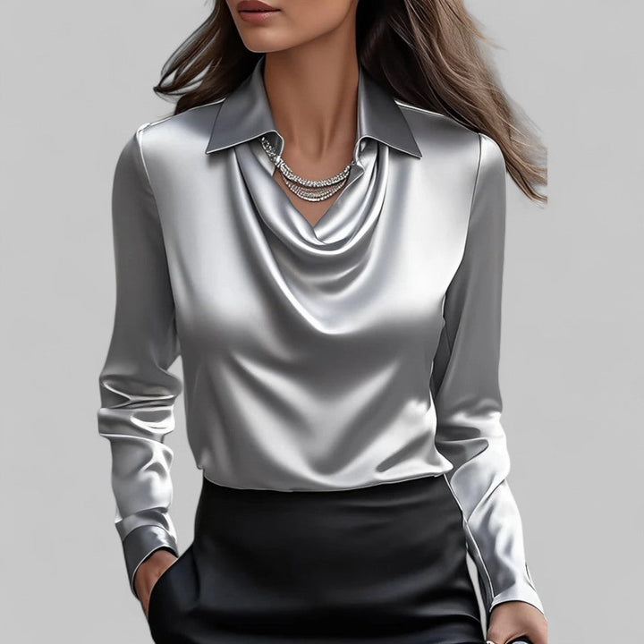 Stylish women's satin blouse with draped neckline, long sleeves, perfect for elegant casual wear