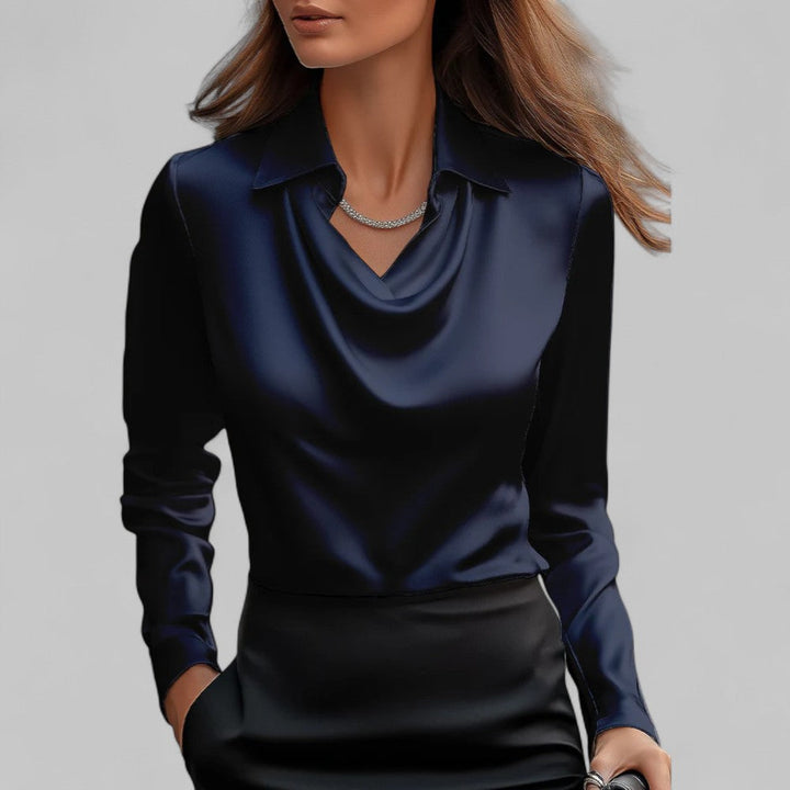 Classic women's draped neck long sleeve satin blouse, offering a sophisticated and comfortable fit