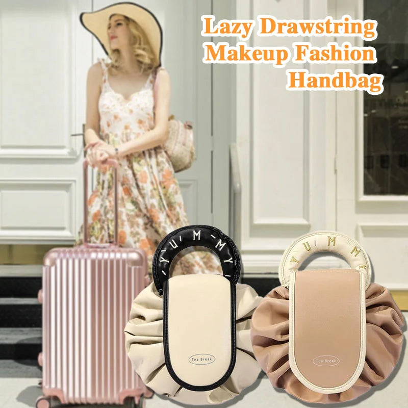 Women's drawstring faux leather makeup and travel organizer handbag, open with cosmetics inside