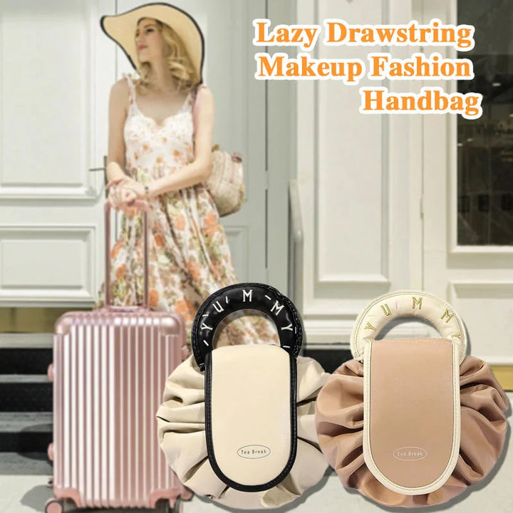 Women's drawstring faux leather makeup and travel organizer handbag, open with cosmetics inside