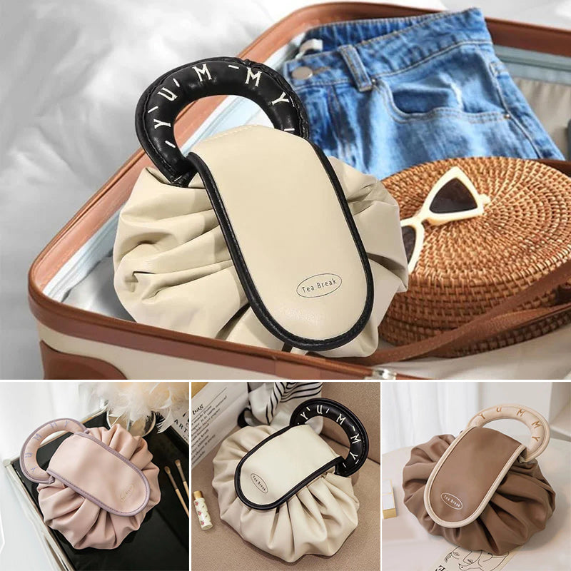 Travel-friendly women's faux leather drawstring handbag, compact and spacious for essentials