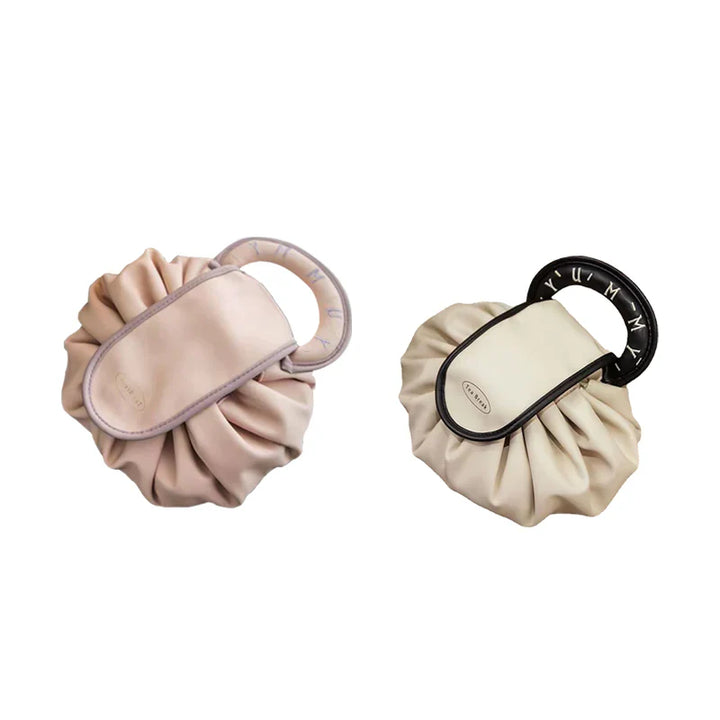Stack of folded women's drawstring cosmetic bags in different colors, for gifting