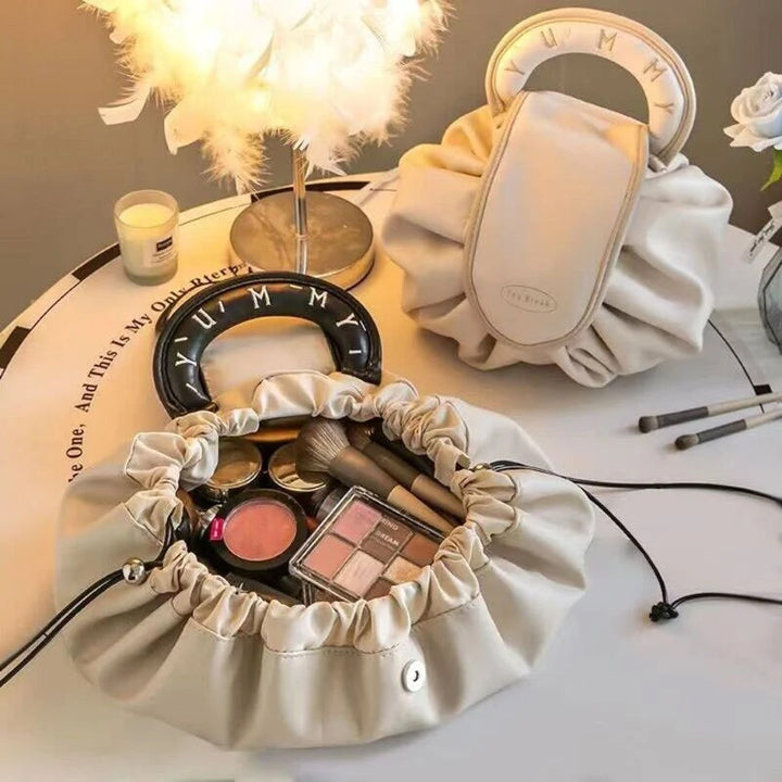 Drawstring handbag organizer for women, perfect for cosmetics, shown on a vanity