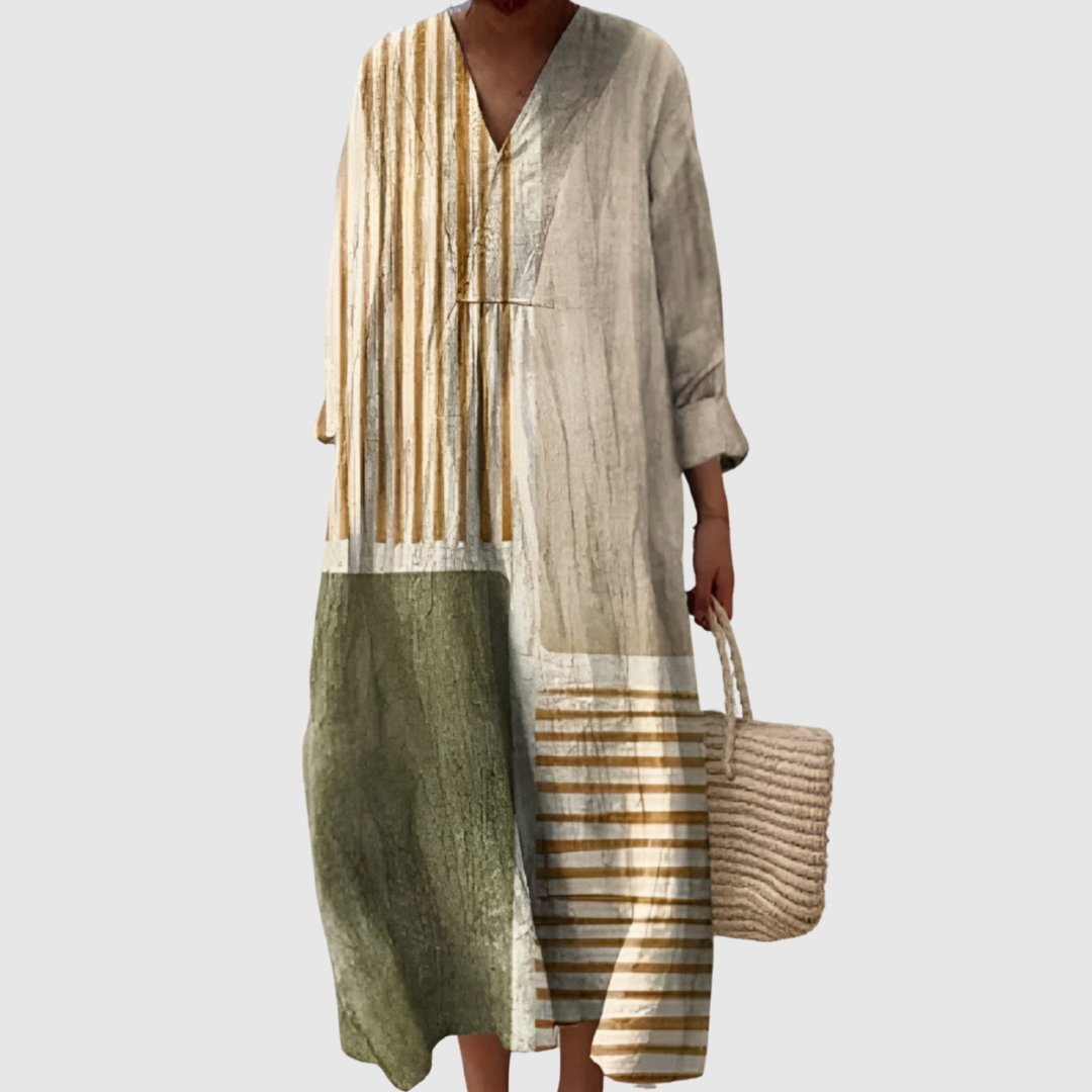 Women's earth-tone abstract panel maxi dress with relaxed fit, v-neck, & long sleeves. Boho casual spring/fall fashion.