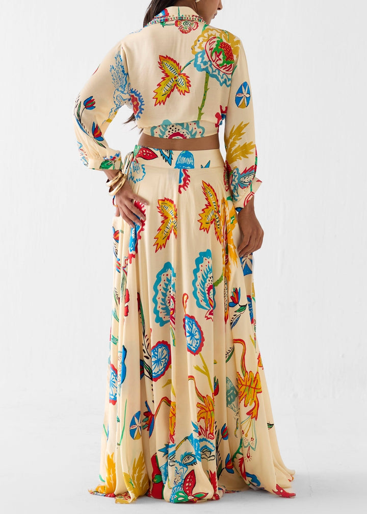 Elegant women's beige floral print matching set. Tie-front top & maxi skirt perfect for resort wear or vacation.