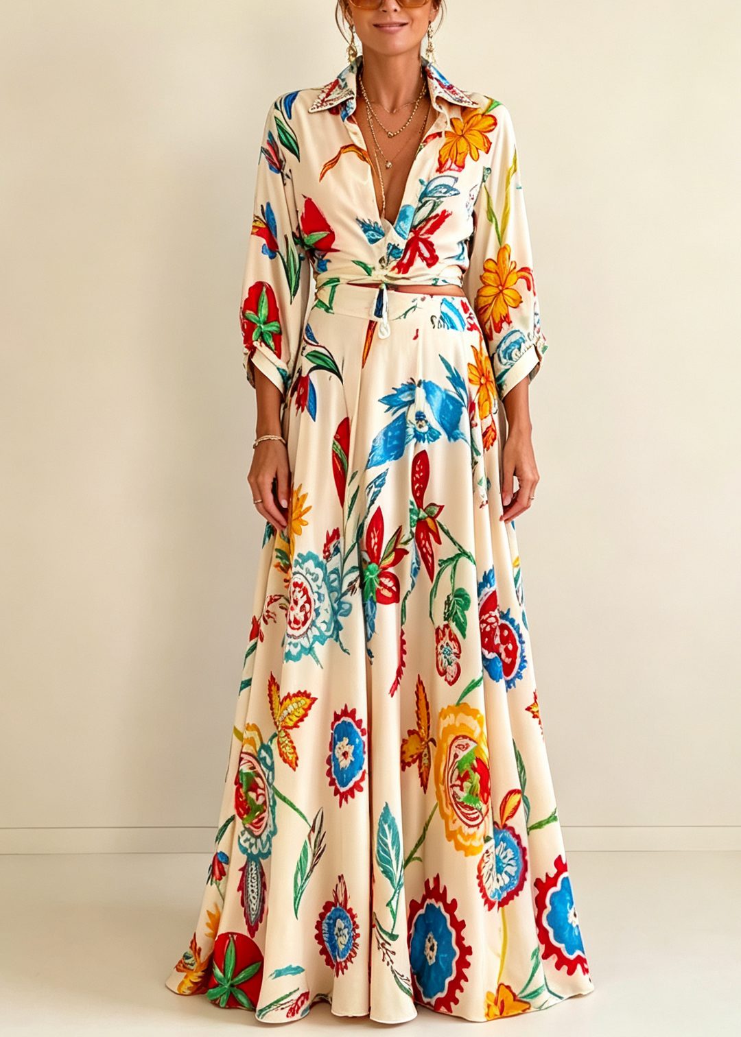Effortless elegance in this women's beige floral matching set, featuring a tie-front top & maxi skirt.