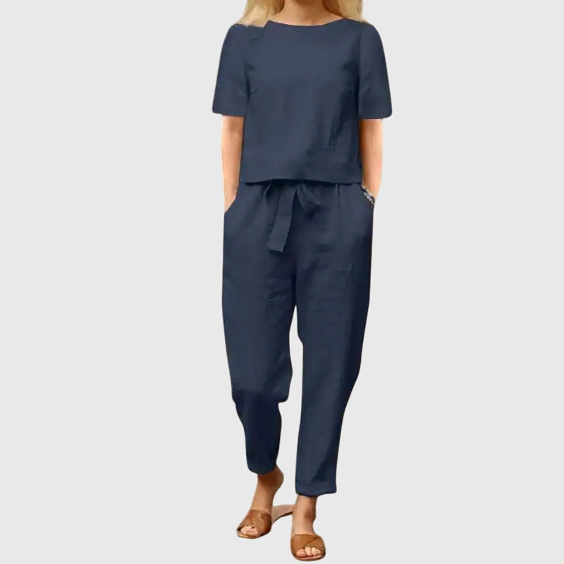 Women's effortless belted crop top & wide-leg trouser set, perfect for stylish summer casual wear.
