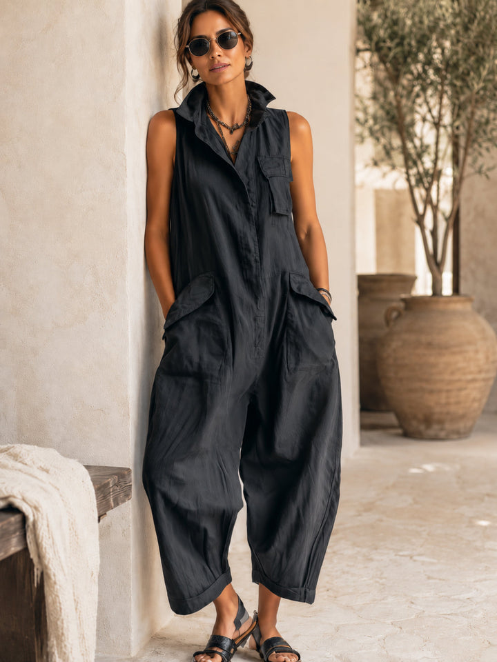 Comfortable women's black jumpsuit, sleeveless with a smart collar & flowy wide legs. Great for everyday chic.