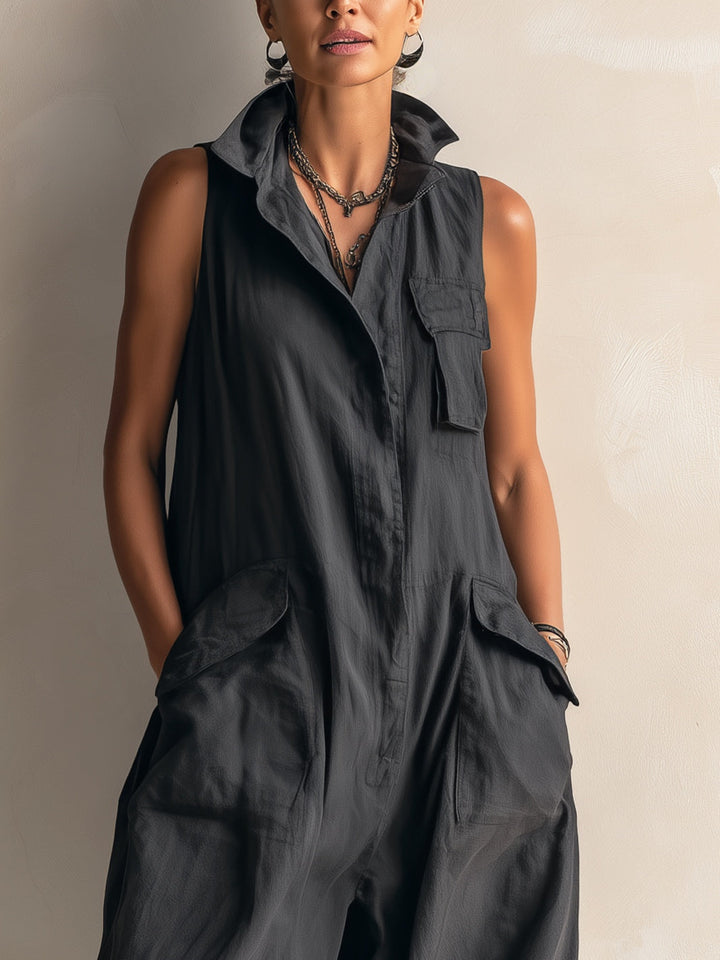 Elegant black collared wide leg jumpsuit for women, sleeveless and perfect for spring/summer casual or dressy.