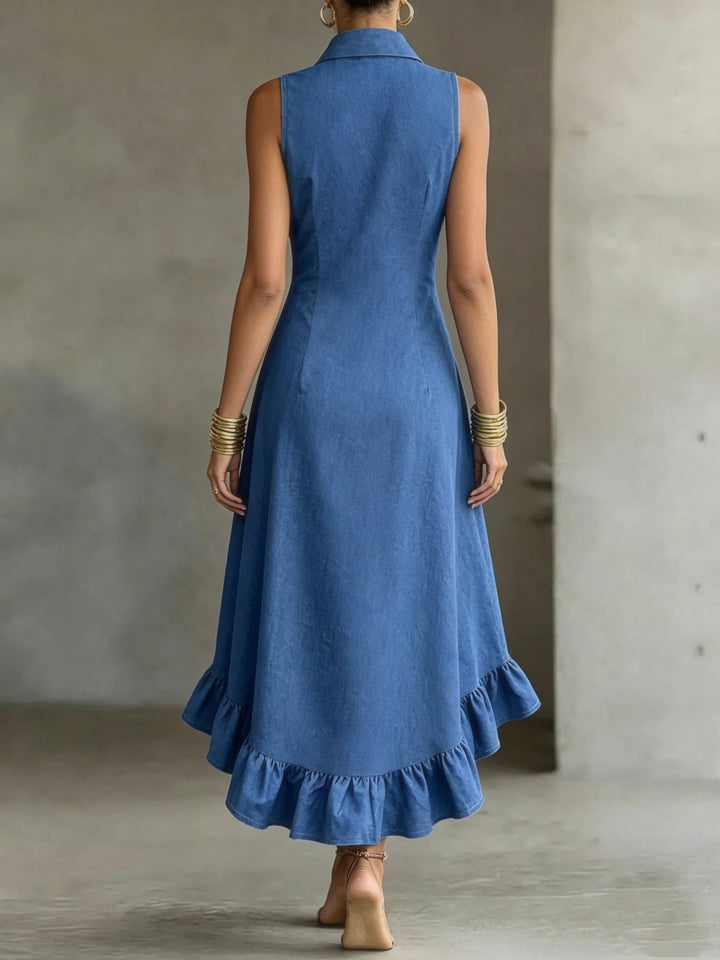 Stylish women's blue sleeveless high-low ruffle dress. Ideal for casual summer outings & daytime events.