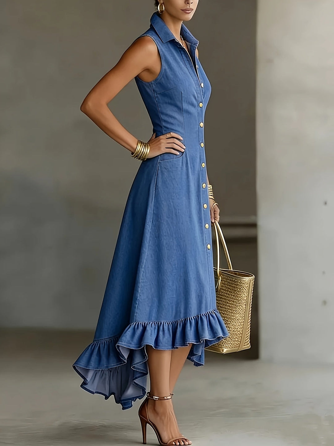 Blue sleeveless dress featuring elegant ruffles & a trendy high-low hem. Perfect button-front women's fashion.