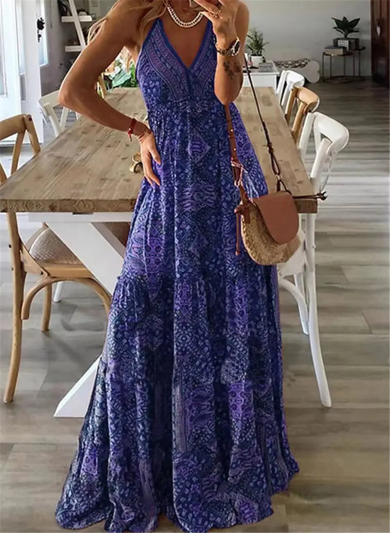 Women's effortless boho floral maxi dress, perfect for summer elegance. Sleeveless & comfortable for beach or vacation.
