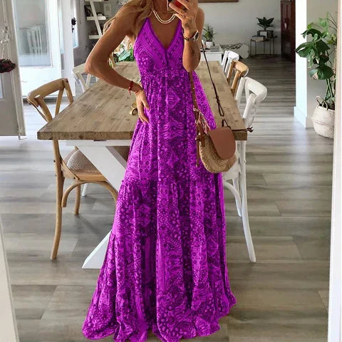 Sleeveless floral print maxi dress for women. Boho style, comfortable & elegant for summer, beach, or vacation outfits.