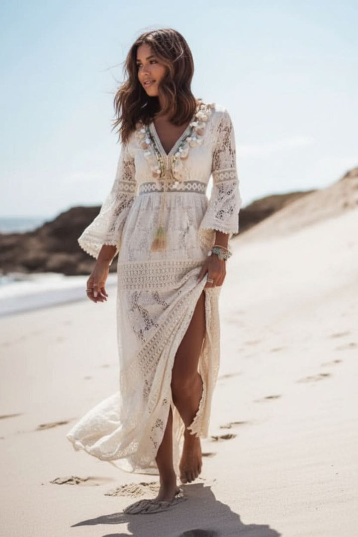 Long, casual V-neck maxi dress for women, effortless bohemian style perfect for summer, vacation, or resort wear.