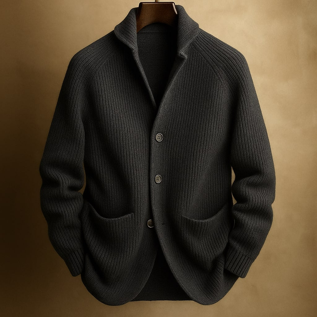 Side view of a women's comfortable knit sweater with button-front closure, an essential layering piece.