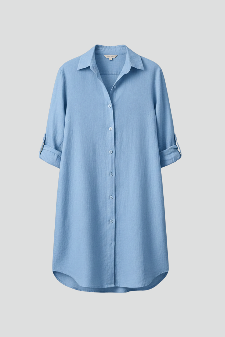 Women's effortless button-front shirt dress with a stylish turned collar, perfect for versatile everyday wear.